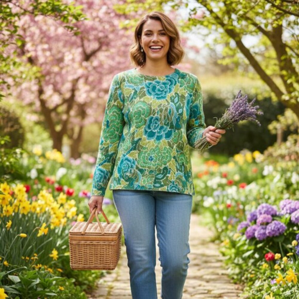 NWT Dana Buchman Women’s Green Teal Spring Floral Open Knit Sweater Size L